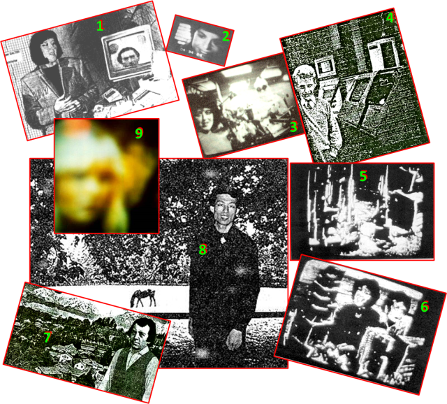 These are some of the images that Maggy received, via computer and television, from Timestream Spirit Group in the years leading up to Albert’s transition... giving a hint of what he would find when his afterlife adventure began. Nearly all of the pictures arrived in black-and-white, with the exception of #9, the picture of the higher being Nsitden that came through Maggy’s color TV 1997 Feb 26. Timestream apparently was just beginning to master the ability to transduce the vast range of Third Level colors down to Earth’s limited color spectrum, by the time INIT fell apart and most of the contacts ended around the year 2000. About the pictures: 1) This picture, received by Maggy through her computer 1992 June 12, shows Swejen Salter in her office at Timestream station beside a picture of the late Swedish researcher Friedrich Juergenson (now residing at the Fourth level) that Swejen will deliver to the TV of researcher Adolf Homes in Germany (read more about that complicated cross-contact here... and here on p5...); 2) The late German researcher Hanna Buschbeck in her young spirit body; 3) Swejen Salter and higher being Technician (in the white cleansuit) in one of the Timestream labs; 4) The late Austrian zoologist Konrad Lorenz in a Timestream computer room, or maybe in the Room of Records; 5) Some multipurpose equipment at Timestream; 6) Swejen Salter and Albert Einstein in a communication lab; 7) 16th-Century Austrian physician Paracelsus posing in the hills above a community near Timestream, 8) 1st-Century Chinese physician Yang-Fudse posing in a meadow and wooded area near Timestream (Read more here...), and 9) The higher being Nsitden, one of The Seven “Rainbow People” who facilitated the ITC bridge between Timestream and our INIT group, which included Maggy Fischbach. 
